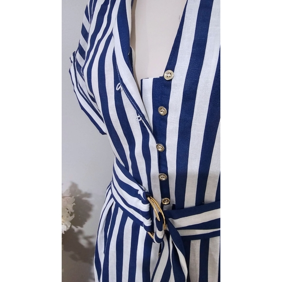 Zara Navy White Striped Linen Blend  Belted Midi Dress - Picture 5 of 9
